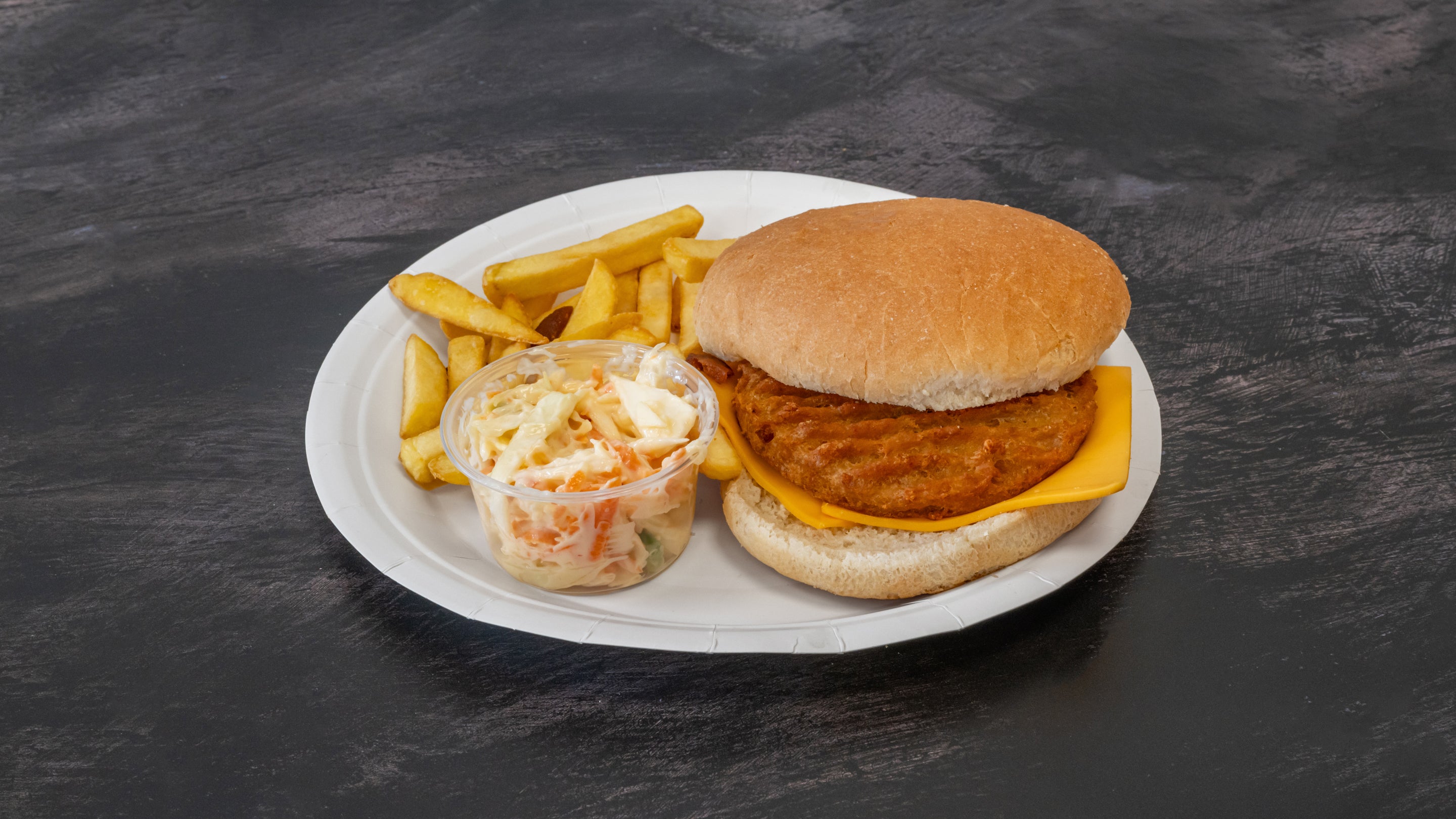 Chicken burger with cheese and fries
