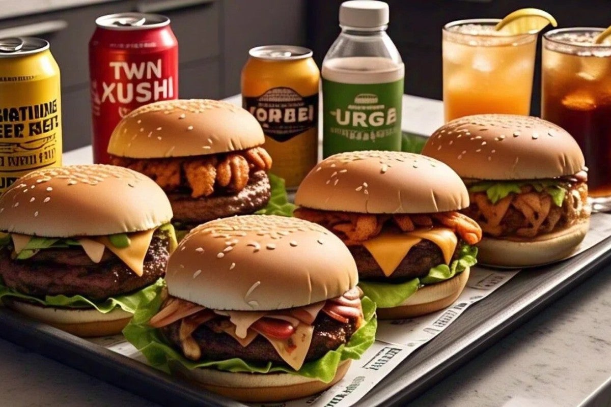 1 Chicken Tikka Burger, 1 Beef Smash Burger, 2 Falafel Wraps, 1 Quesadilla, Fries & 5 Drinks