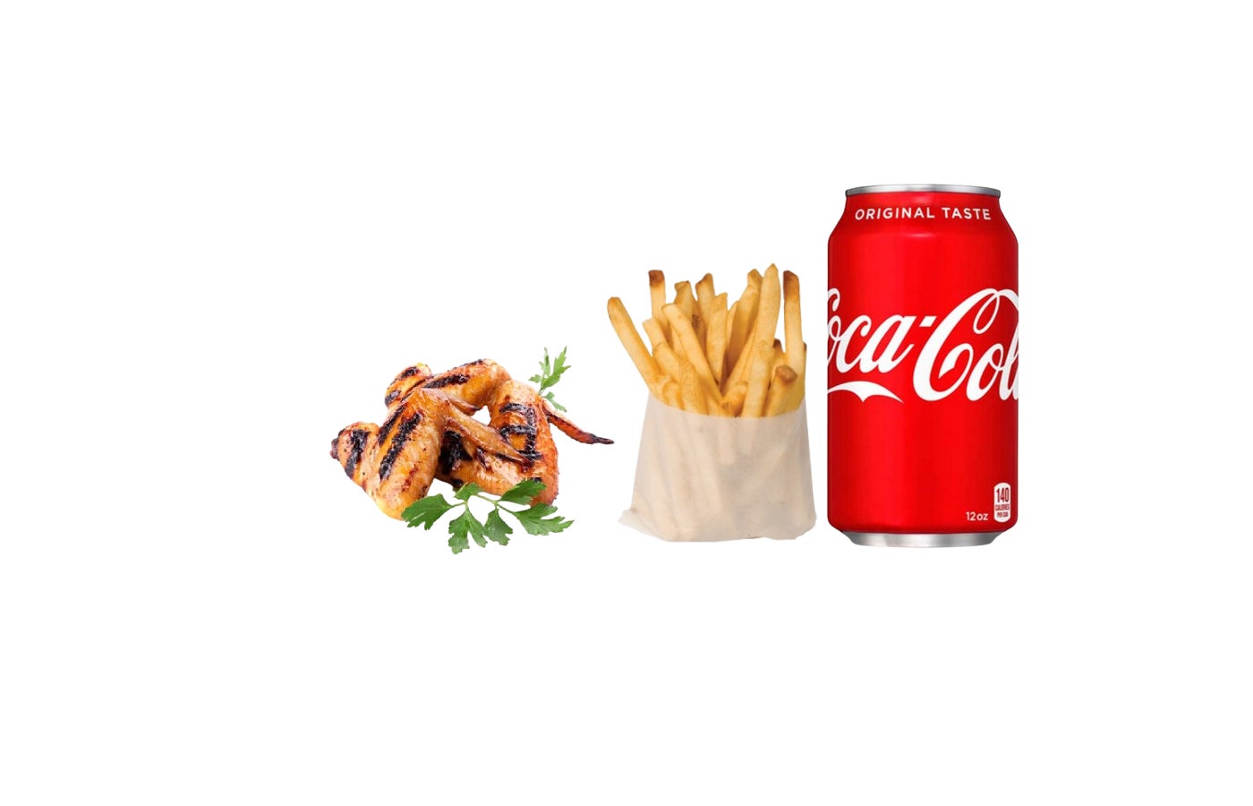 4 pieces of bbq chicken, regular fries, and can drink.