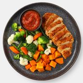 BBQ Chicken Breast Served With Mixed Vegetables And Sweet Potato, With Homemade Ketchup 