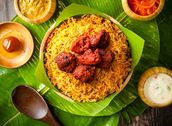 Chicken 65 Biryani with Gulab Jamun and Kathirikai Salan, Our Onion Raita