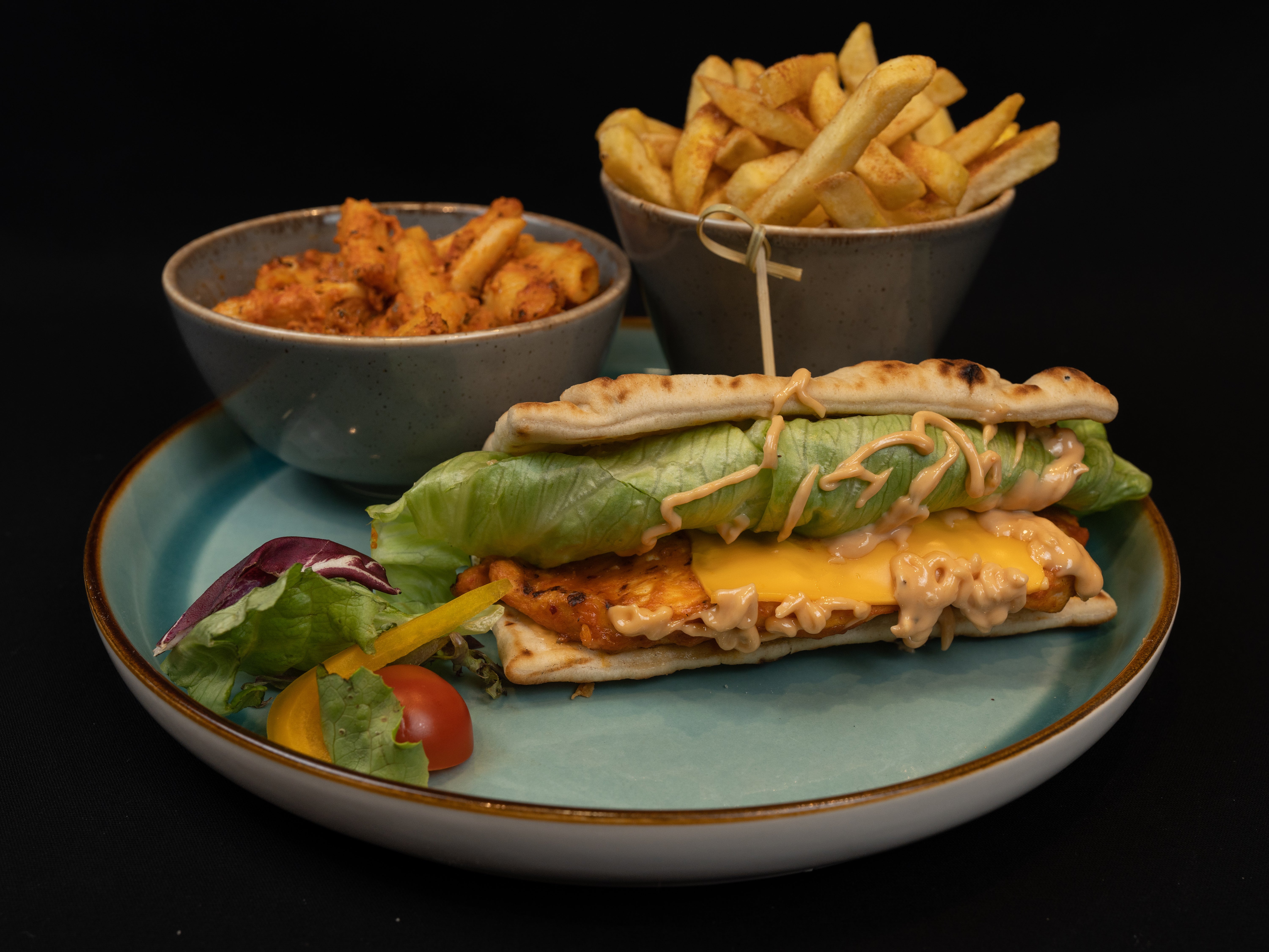 Grilled Chicken Flat Bread with Two Sides
