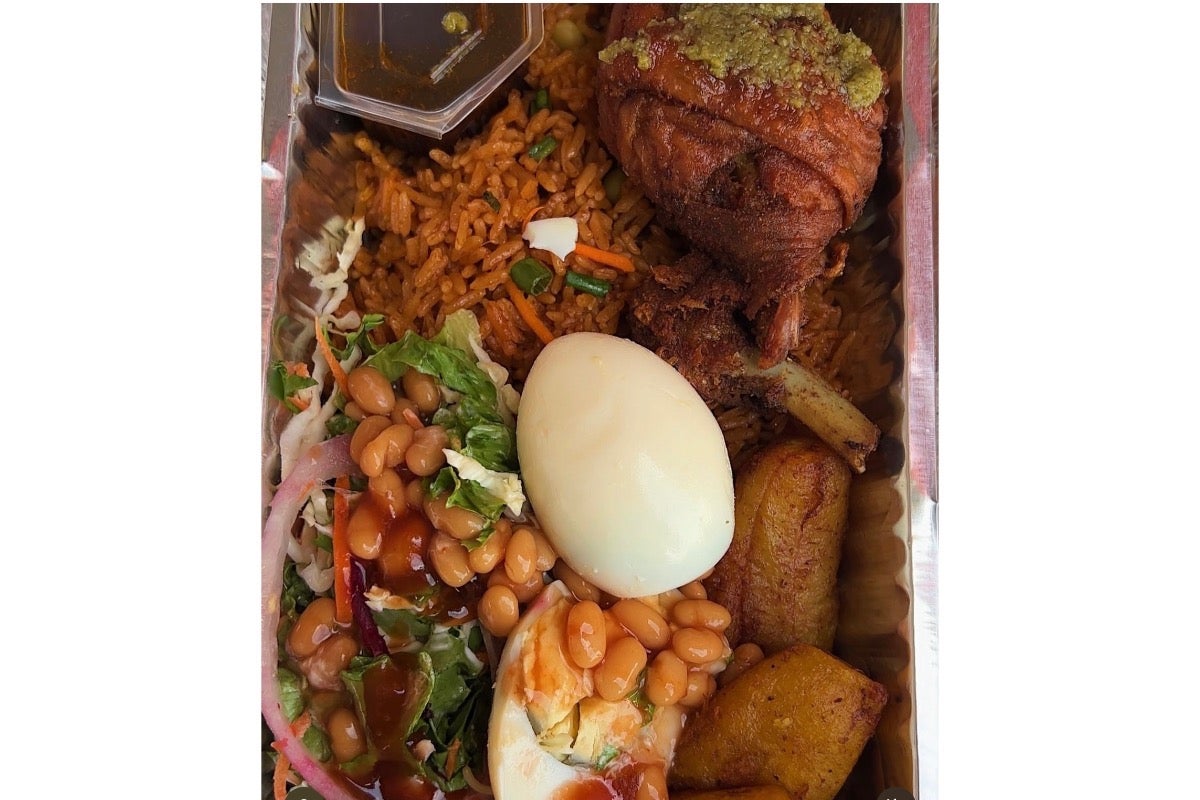 Fully loaded Jollof Rice  with fried plaintain,FriedChicken, fried turkey,GrilledChicken or Meat