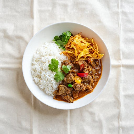 Lamb Curry, Steam Rice, Crispy Onions