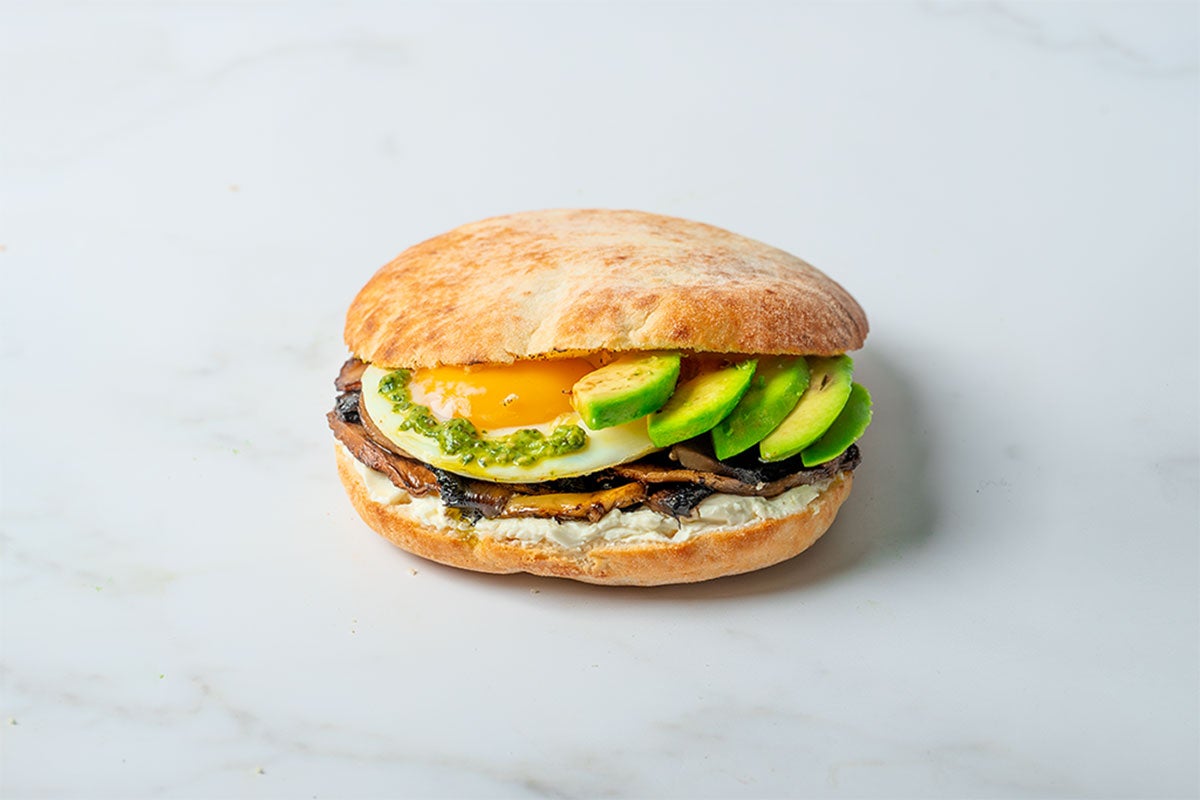 Pesto, Mushroom & Avo Egg Puccia  (V)