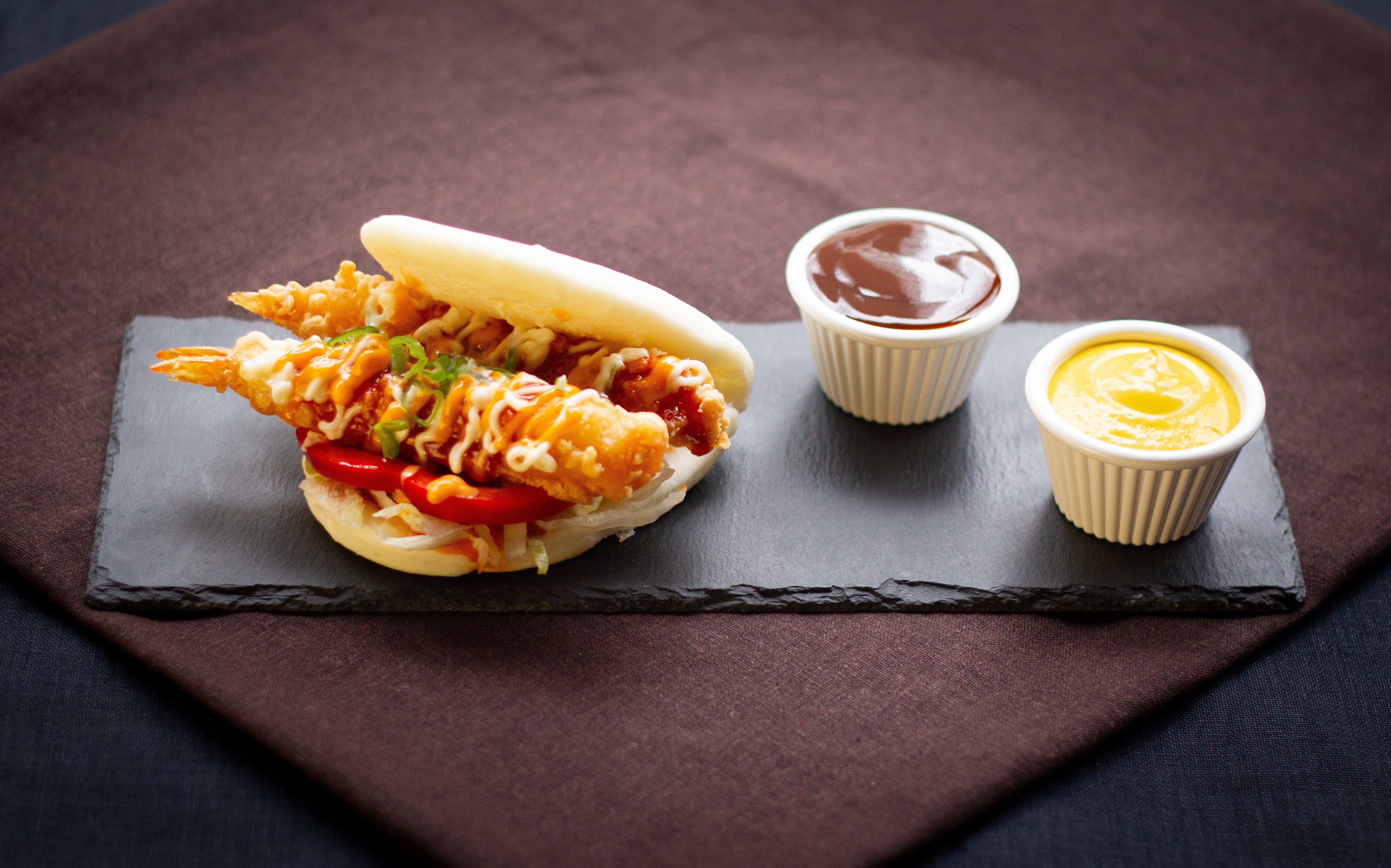 Prawn tempura Bao with sweet chilli sauce