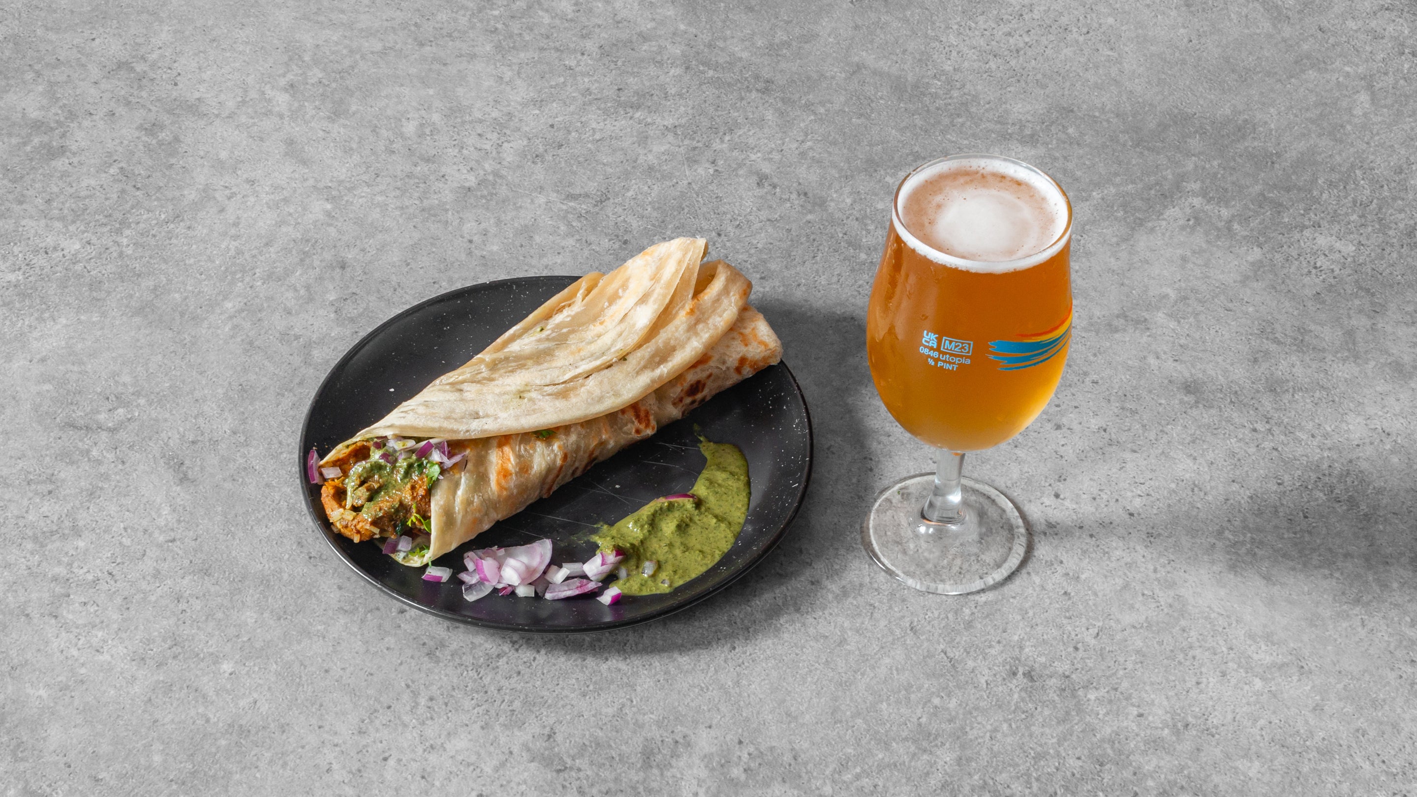 Chicken Bhuna Wrap and Kingfisher Beer