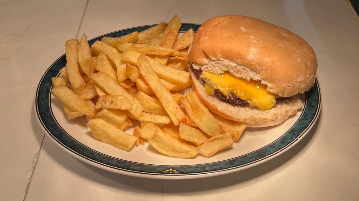 Plain Cheese Burger in a bun with Chips