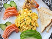Scrambled Eggs with Salmon Sashimi and Fire Shrimp Sushi