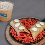 Cheese And Cheetos Crepe With Freez Iced Coffee