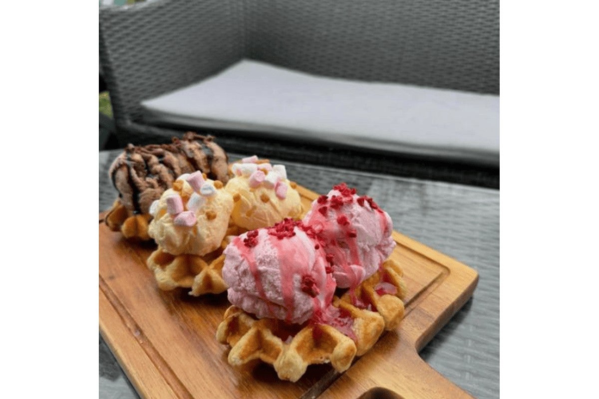 Waffles and Vanilla Ice Cream with a Toffee Sauce