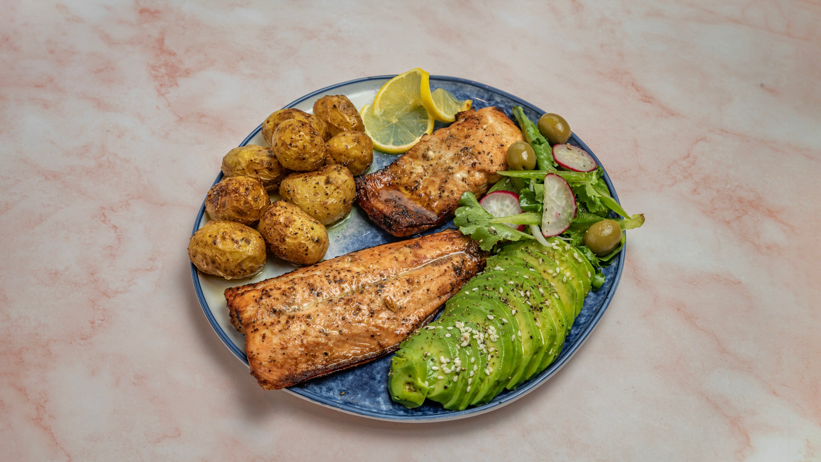 Grilled Salmon with Mini Potatoes and Avocado