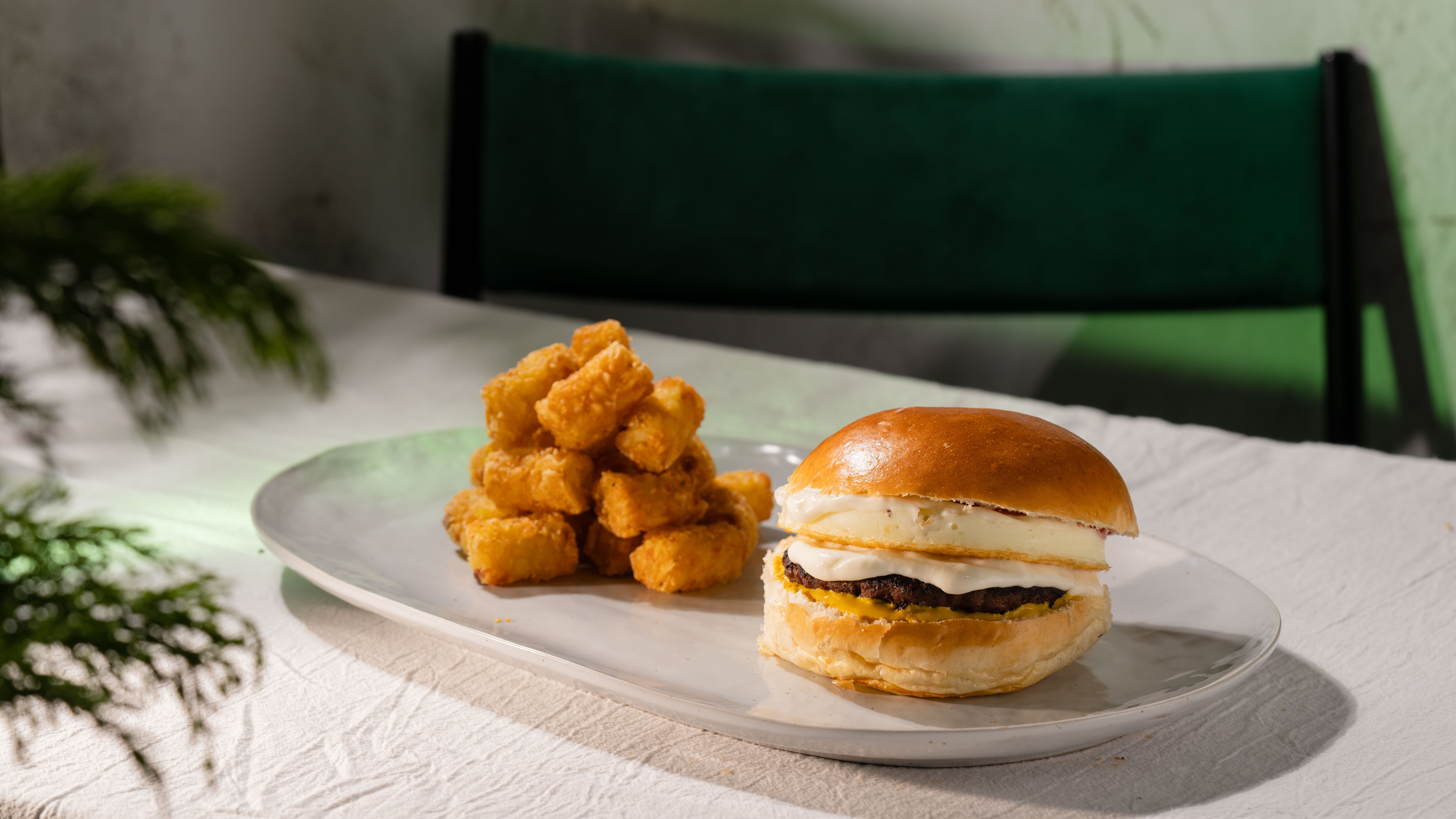 Egg Sausage and Cheese Burger + Tots