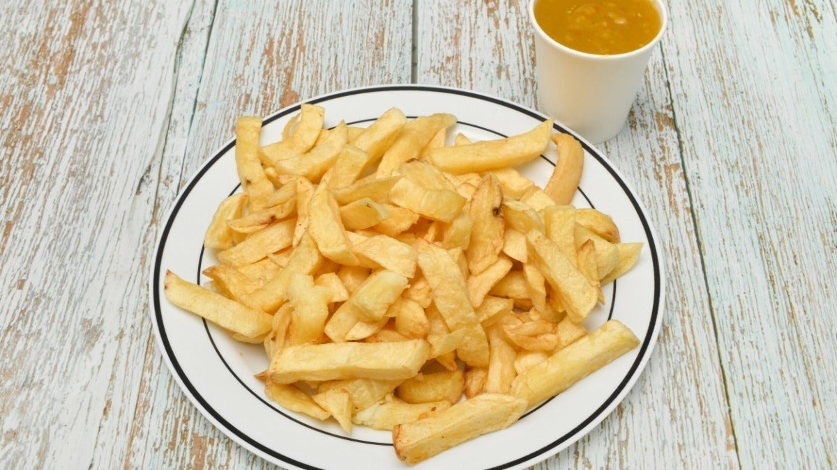 Large tray of chips & curry sauce