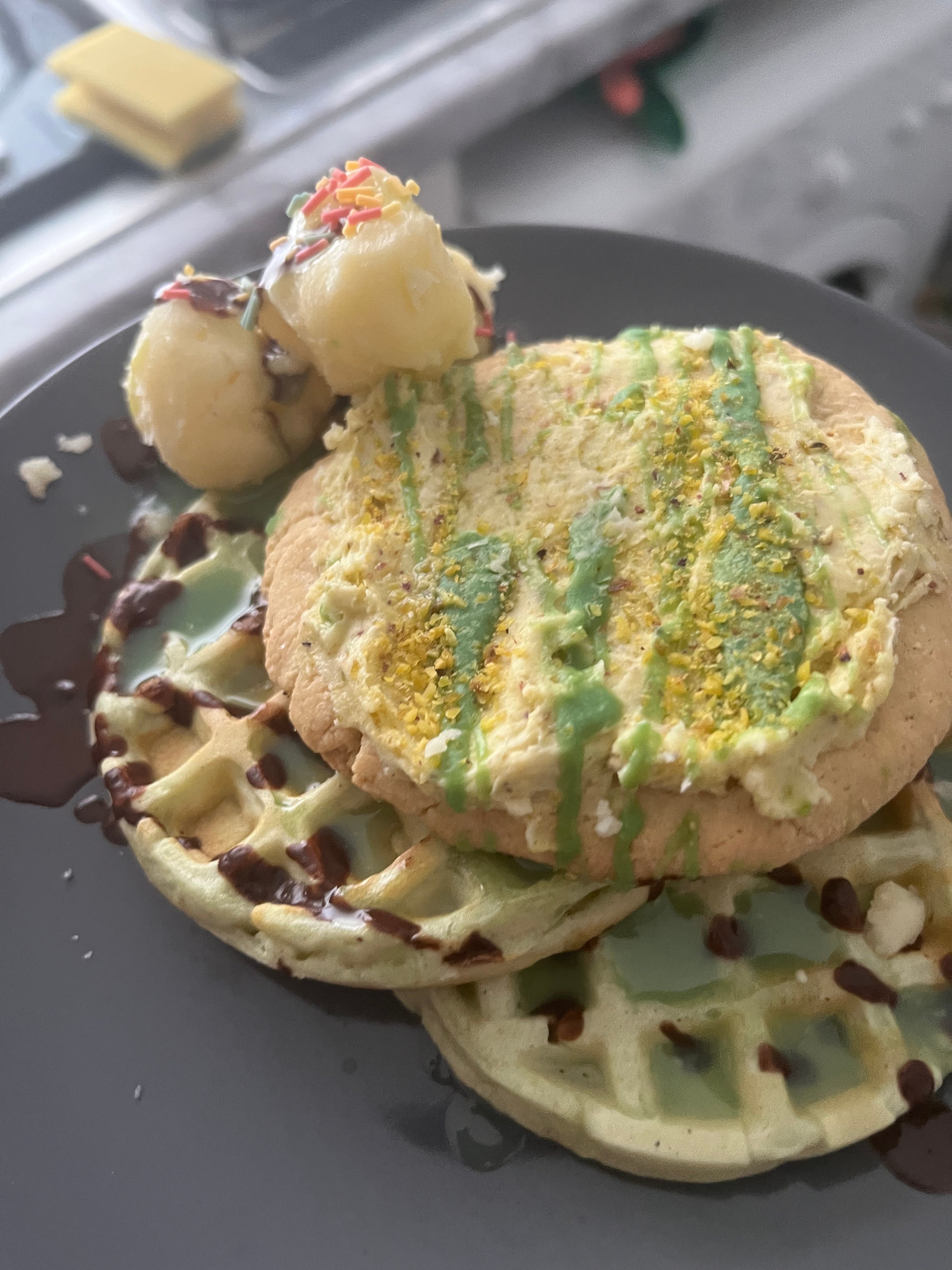 Pistachio Crumbl cookie waffle