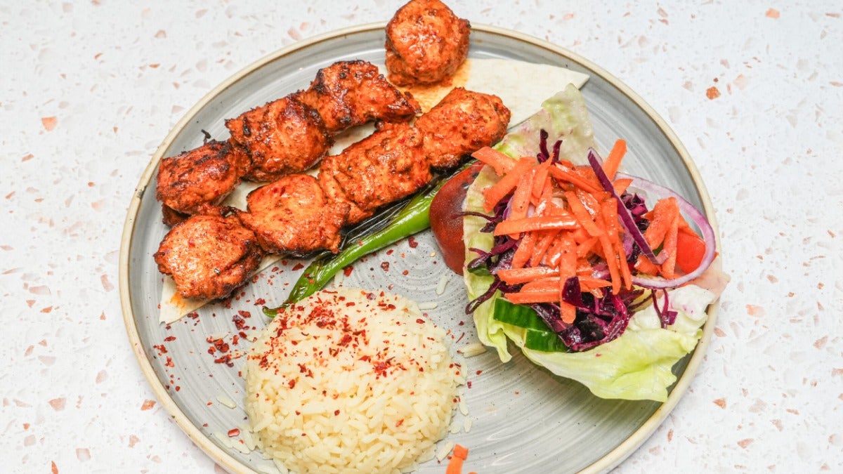 Chicken Shish with rice and salad
