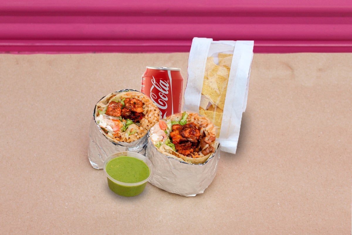Large Burrito Al Pastor with chips, Salsa and drink
