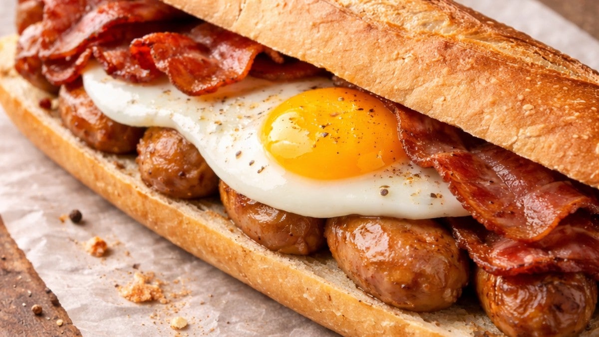 Fried Egg, Turkey Bacon and Sausage Baguette