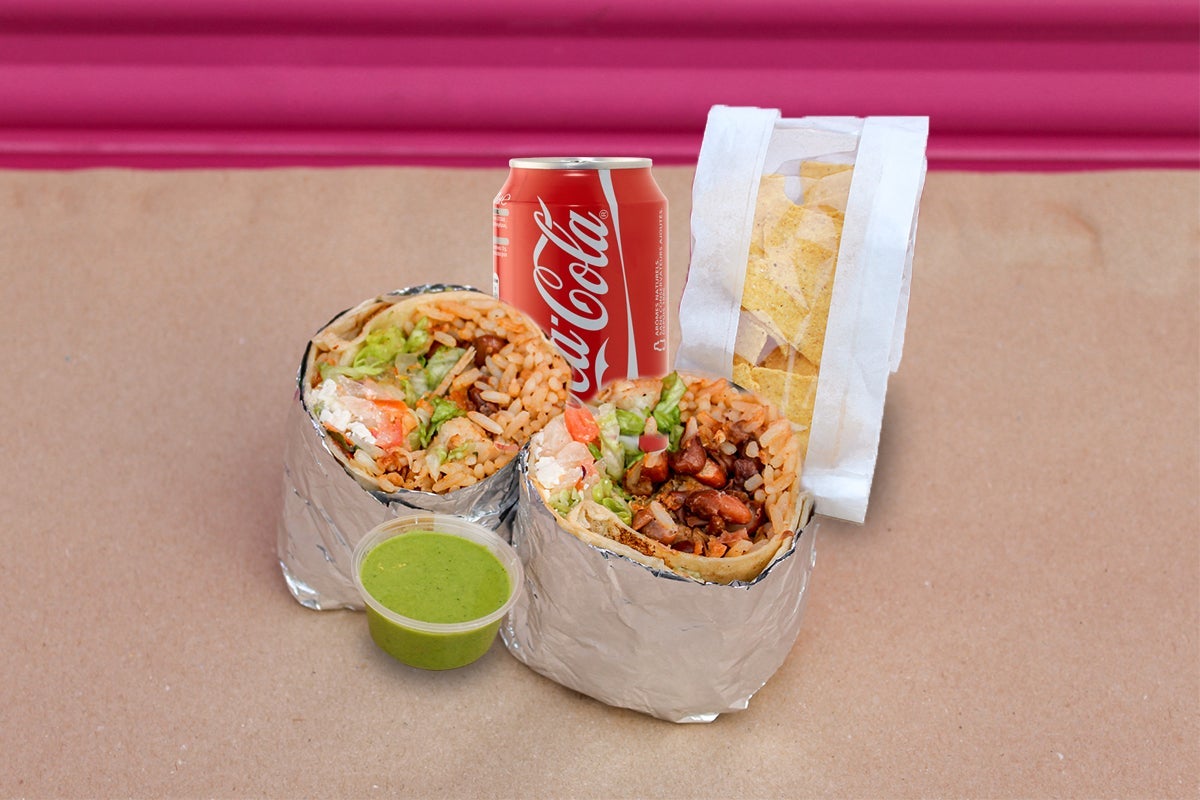 Large Burrito Beans and Cheese with Chips, Salsa, and Drink