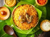 Mutton Biryani with Gulab Jamun and Kathirikai Salan, Our Onion Raita