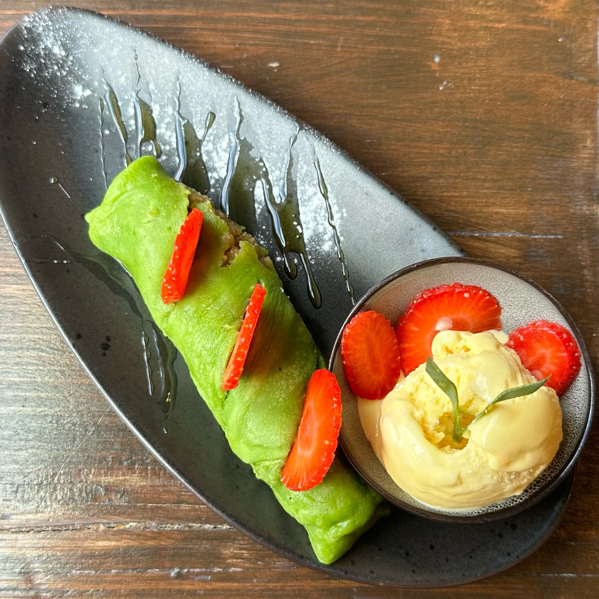 Pandan Coconut Rolled Pancakes with Vanilla Ice Cream