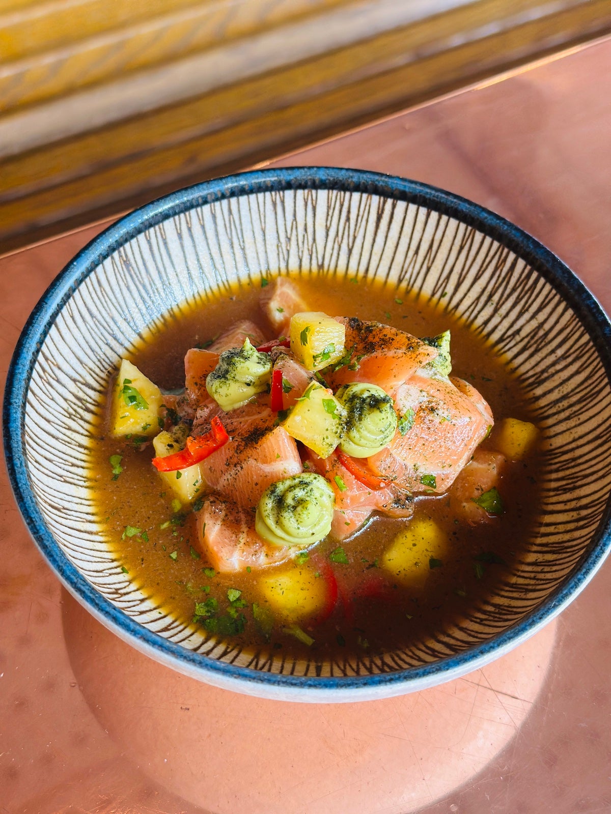 Salmon ceviche, ponzu leche de tigre, avocado wasabi cream