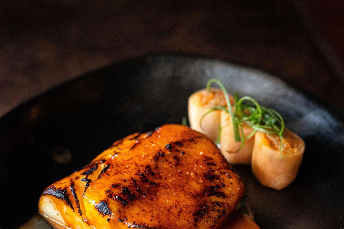 Korean Spiced Black Cod with Gochujang Miso & Daikon Kimchee Rolls