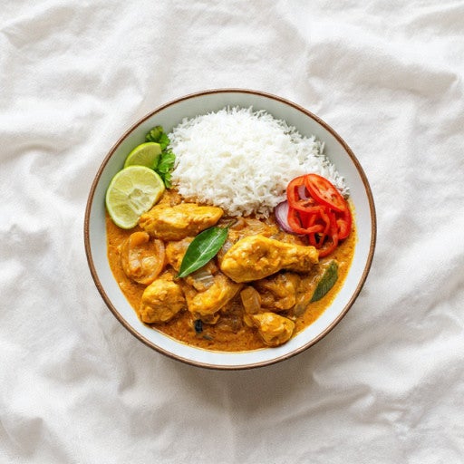 Ceylon Chicken Curry, Steam Rice, Crispy Onions
