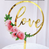 Love Gold Cake Topper With Pink Flowers