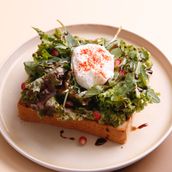 Avocado Toast With Eggs, Rocca Salad And Balsamic Sauce